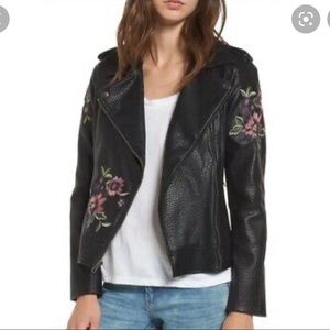EUC BBDakota becket faux leather vegan jacket moto black S floral embroidered